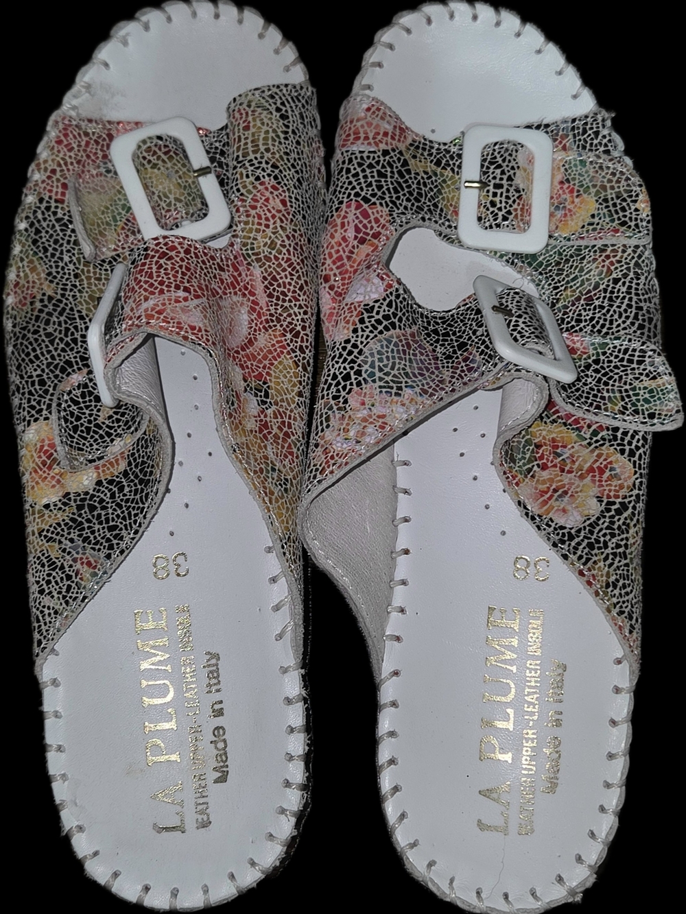 La Plume Made in Italy Leather Floral Mosaic Double Buckle Sandals EU 38